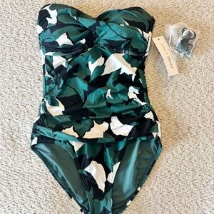 Anne Cole Strapless One Piece Swimsuit – Tropical Leaf Print – Tummy Control NWT